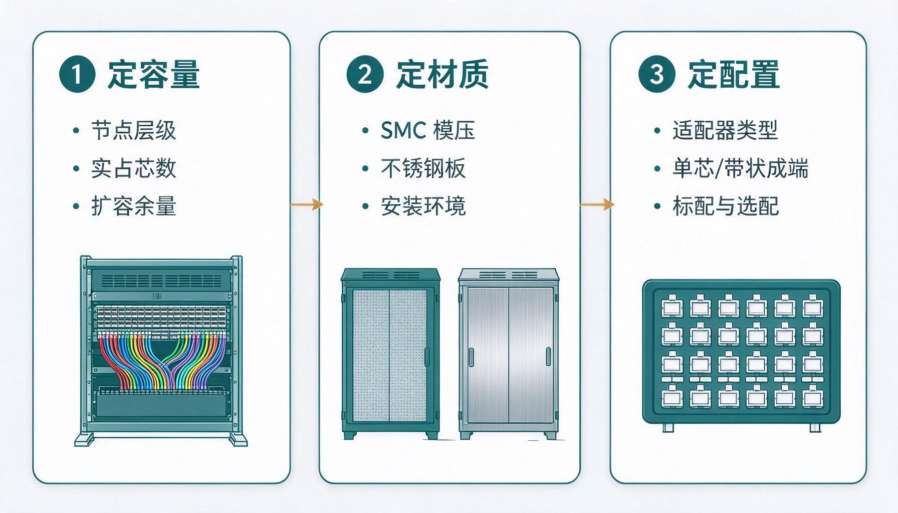 三步选型流程示意：定容量（节点层级、实占芯数、扩容余量）、定材质（SMC 模压、不锈钢板、安装环境）、定配置（适配器类型、单芯/带状成端、标配与选配）