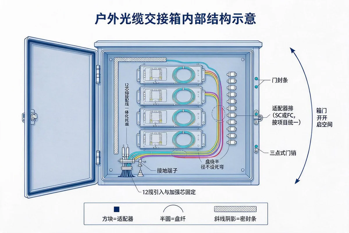 户外光缆交接箱内部结构示意：多盘12芯熔接配线一体化托盘、右侧适配器排、光缆引入与加强芯固定、接地端子、门封条与三点式门销、箱门开启空间