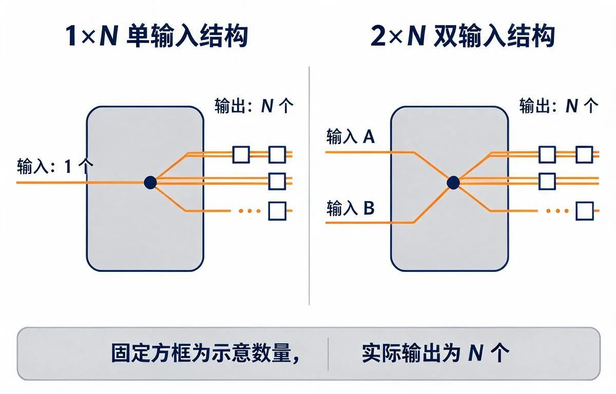 1×N 单输入与 2×N 双输入端口结构对照示意图，2×N 为同一只器件上的两个输入端口与 N 个输出端口，图中方框为示意数量